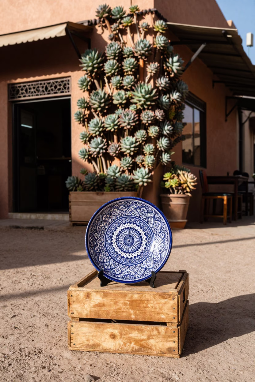 Vintage majolica plate and crate on sunlit Marrakech street early afternoon in in Marrakech, Morocco