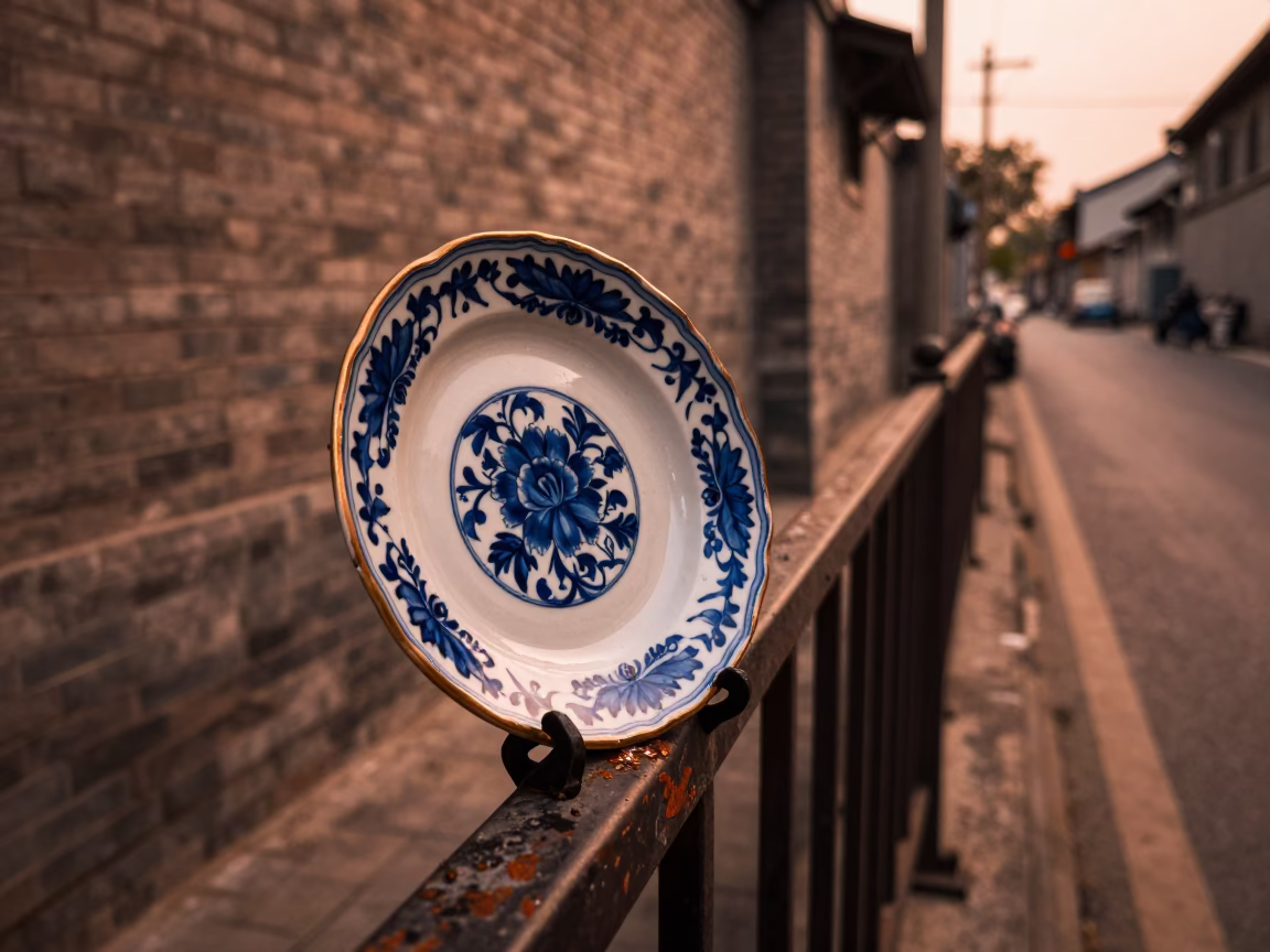Vintage majolica plate and grease sheen on rail in Beijing before dusk in in Beijing, China