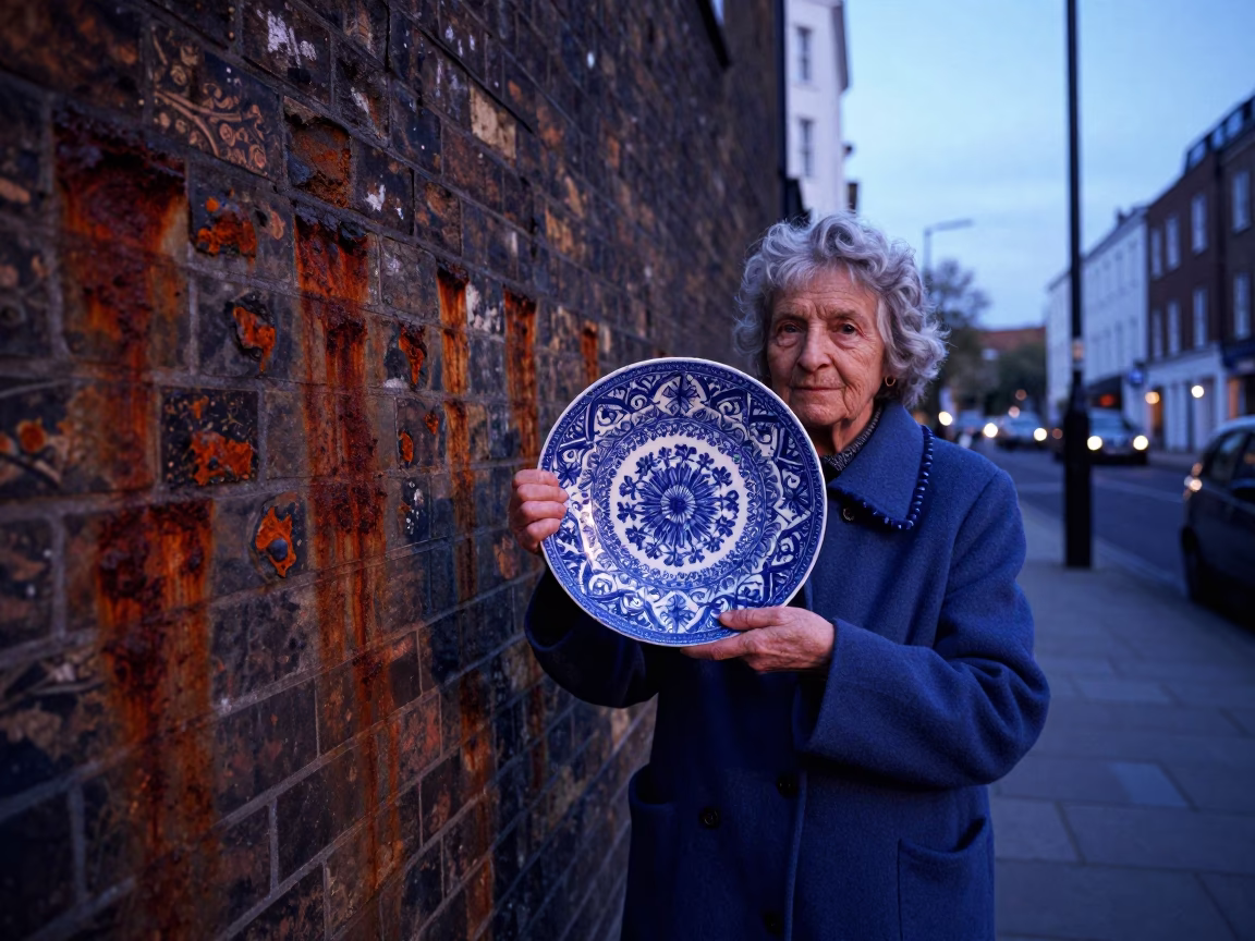Vintage Majolica Plate and Rusty Wall in London Indigo Twilight Street Scene in in London, United Kingdom
