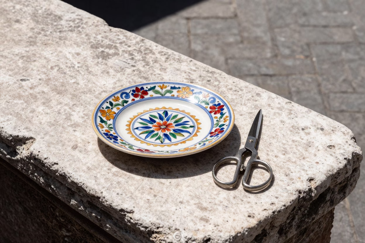 Vintage Majolica Plate and Sewing Scissors on Stone Slab in Rome Italy in in Rome, Italy