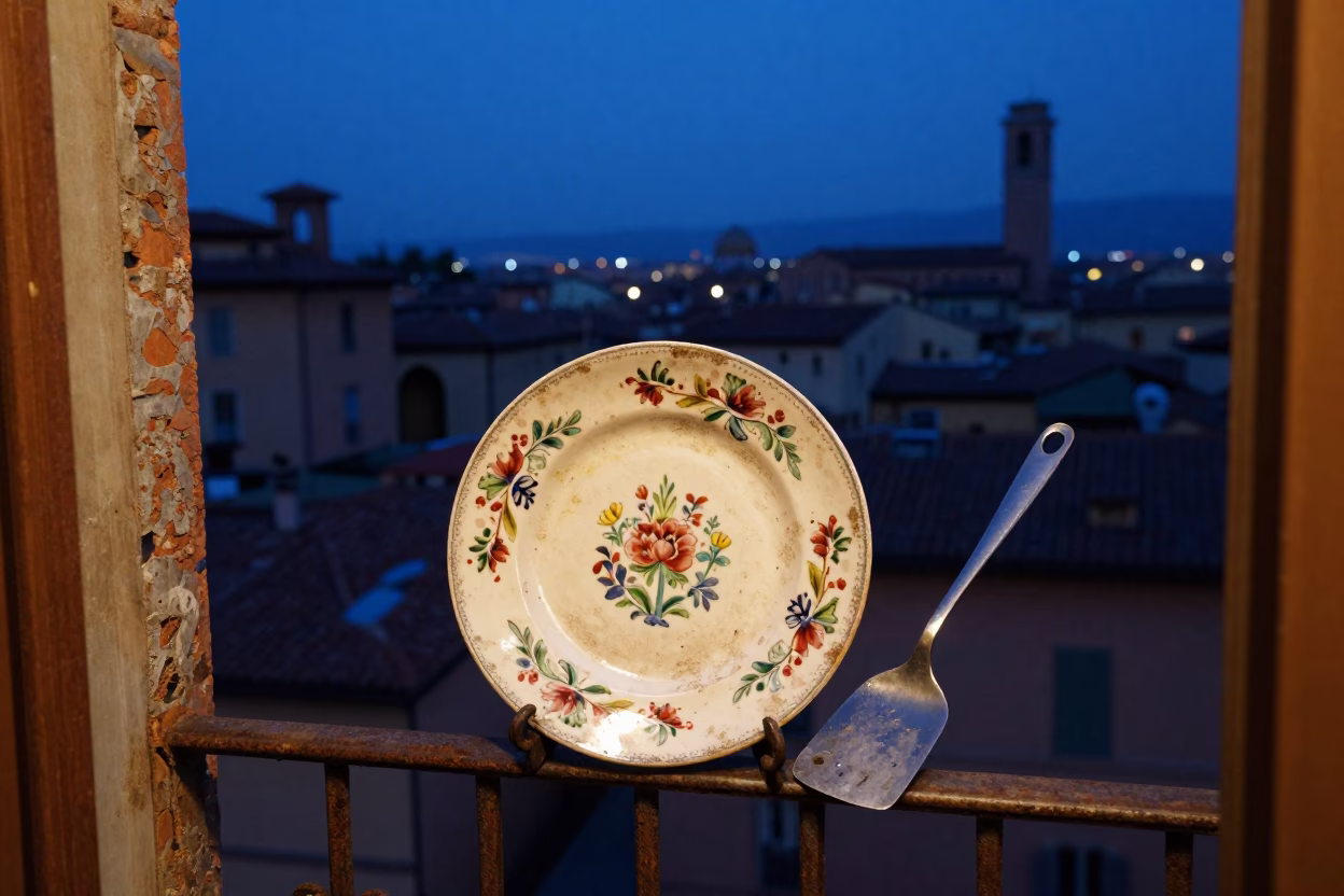 Vintage Majolica Plate and Spatula on Bologna Balcony During Indigo Twilight in in Bologna, Italy
