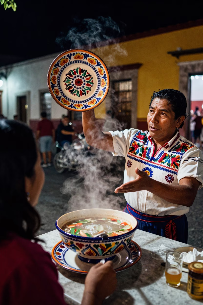 Vintage Majolica Plate and Steaming Pho in Nighttime Oaxaca Street Market in in Oaxaca, Mexico