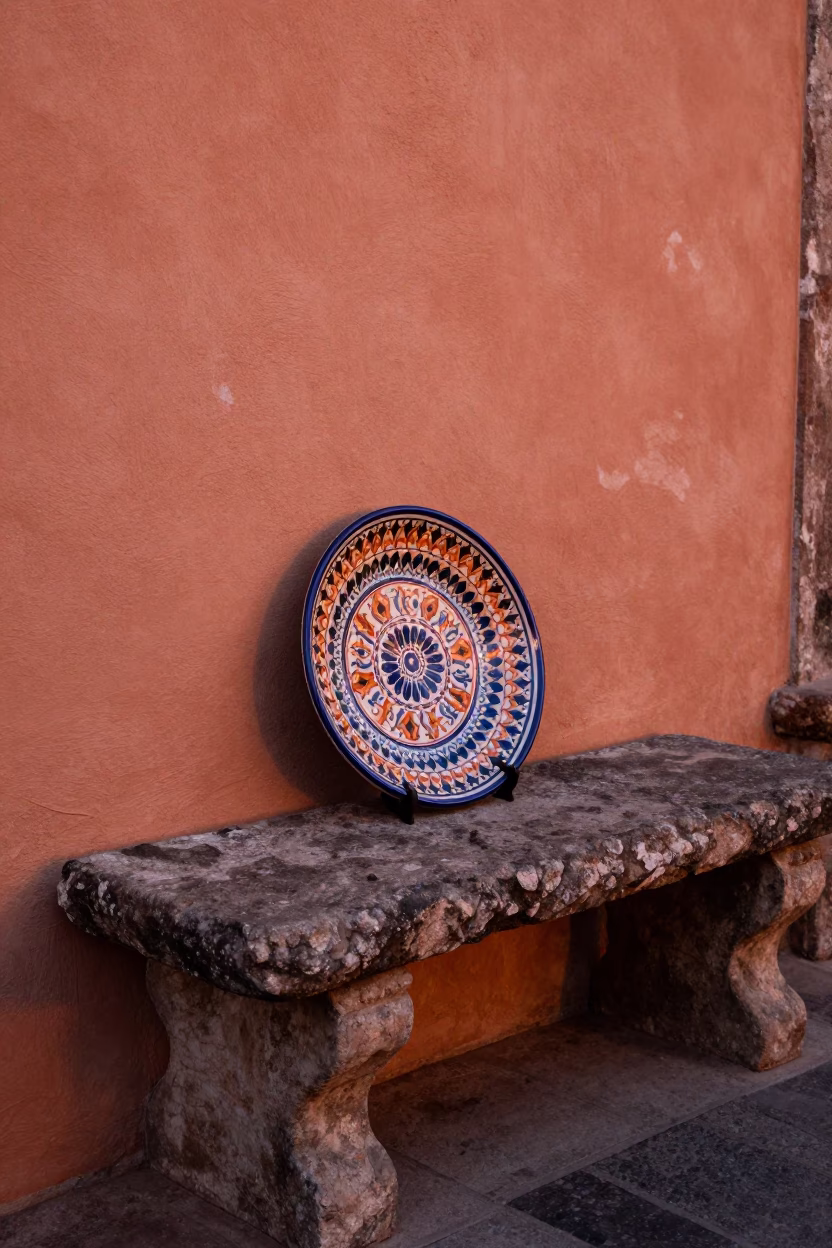 Vintage Majolica Plate and Stone Bench in Oaxaca Mexico Before Dusk in in Oaxaca, Mexico