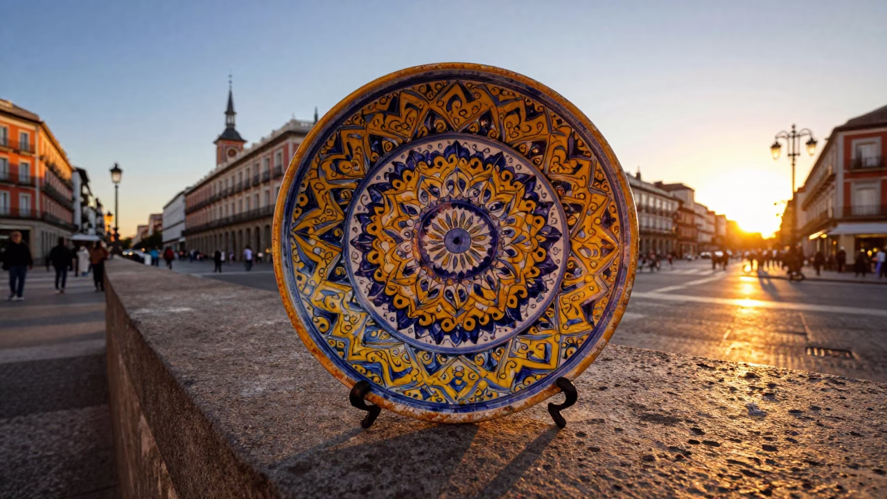 Vintage Majolica Plate and Sunset Light on Madrid Street Corner in in Madrid, Spain
