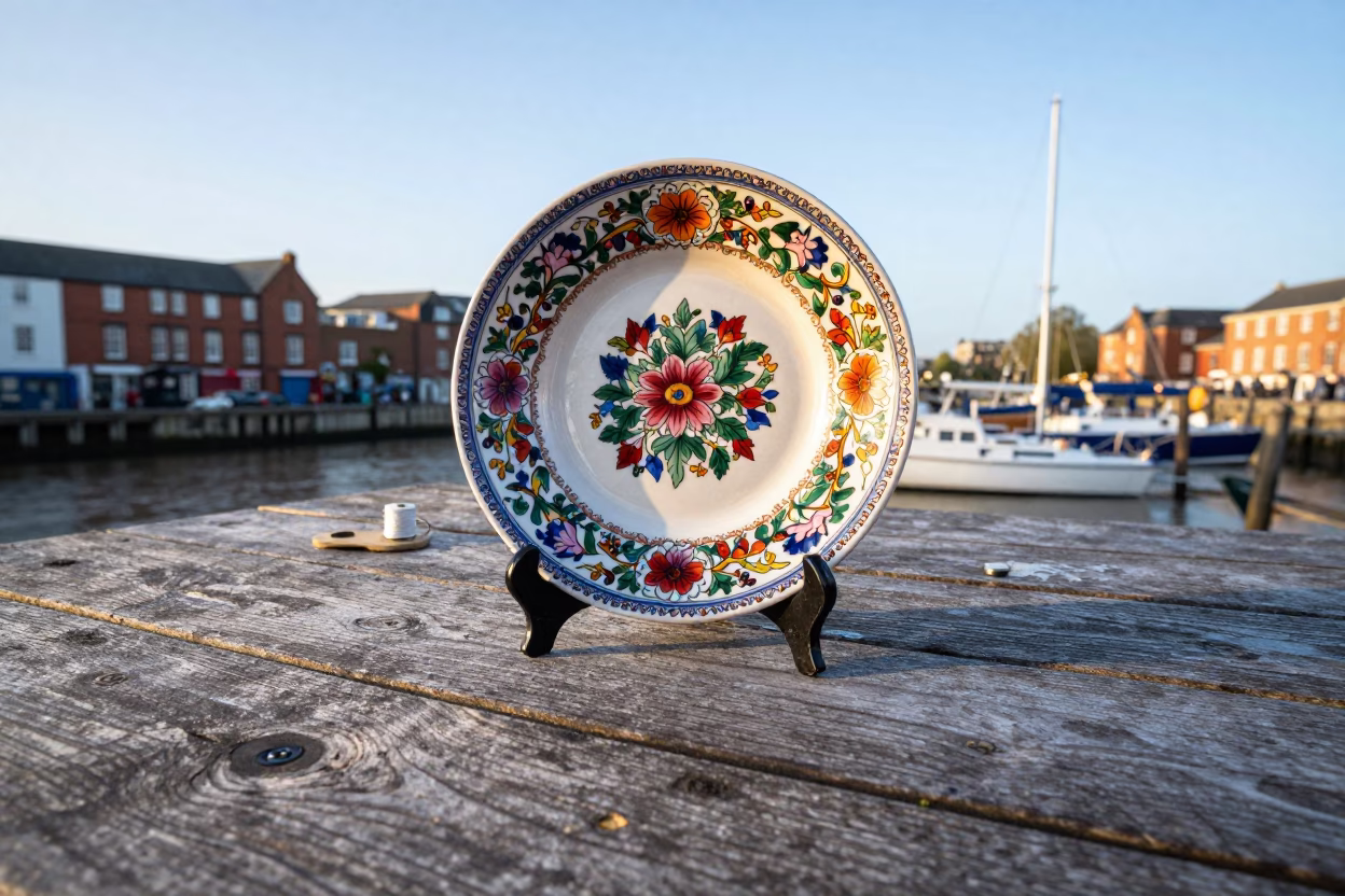 Vintage Majolica Plate and Thread Spool Rack on Bristol Quay in Early Morning Light in in Bristol, United Kingdom