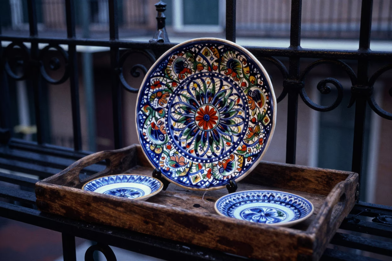 Vintage Majolica Plate and Water Rings on Tray in Predawn New Orleans Street Scene in in New Orleans, Louisiana, United States