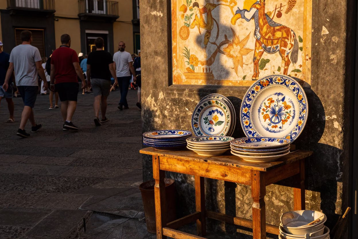 Vintage Majolica Plate and Wicker Shadow in Busy Naples Street Corner Evening in in Naples, Italy