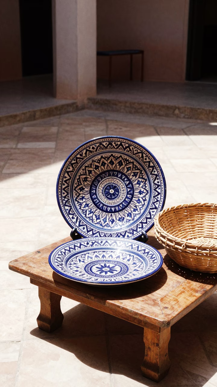 Vintage Majolica Plate And Woven Basket in Marrakech in in Marrakech, Morocco