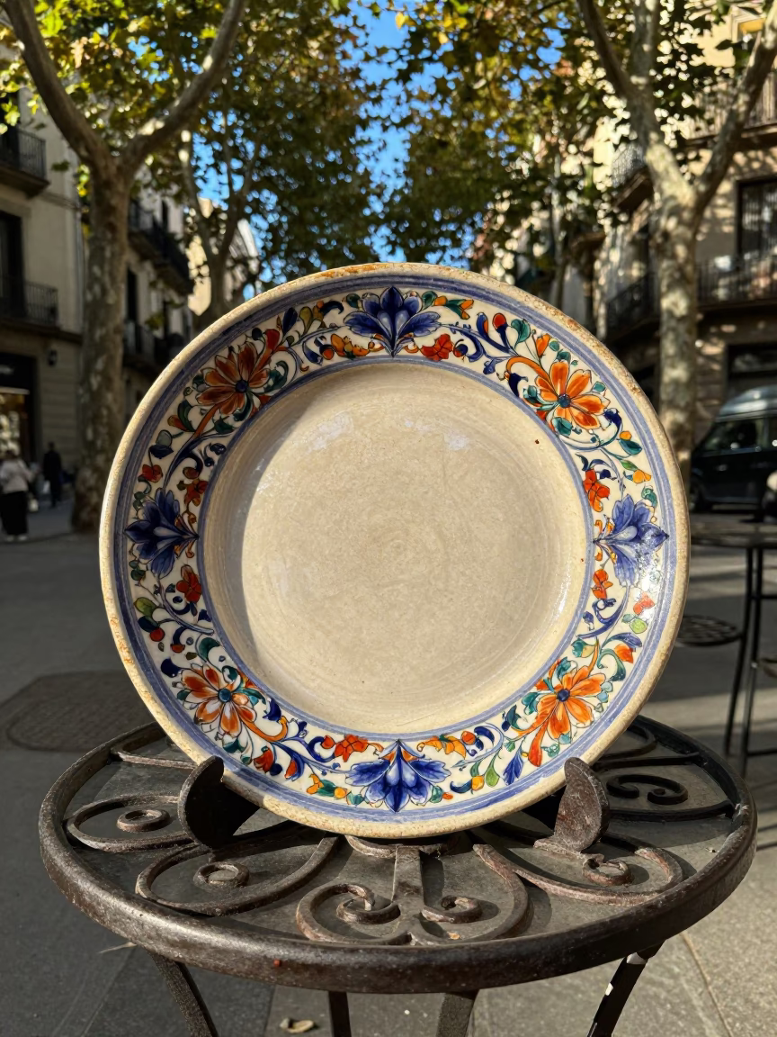 Vintage Majolica Plate on Barcelona Cafe Terrace in Late Afternoon Light in in Barcelona, Spain
