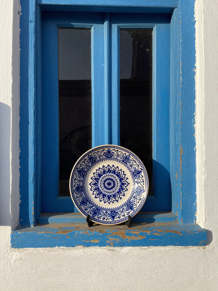 Vintage Majolica Plate on Blue Wooden Window Ledge in Essaouira Morocco Early Afternoon in in Essaouira, Morocco