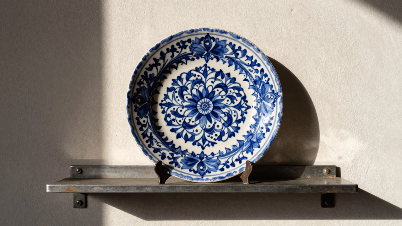 Vintage Majolica Plate on Brushed Steel Shelf in Colorful Lima Peru Afternoon in in Lima, Peru