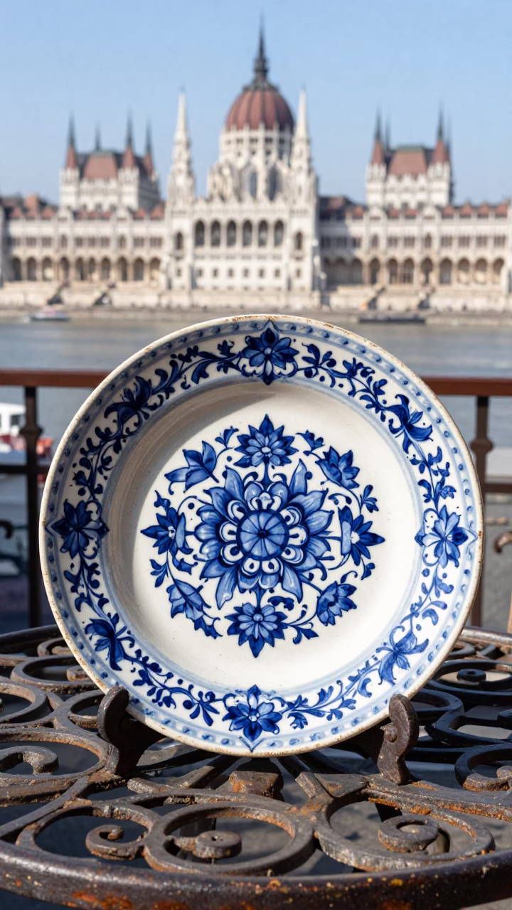Vintage Majolica Plate on Budapest Cafe Table with Metro Art Background in in Budapest, Hungary