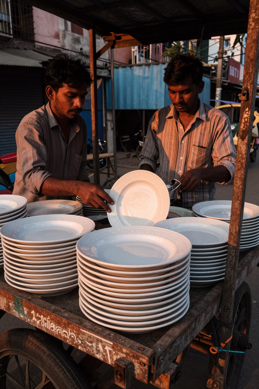 Vintage Majolica Plate on Kolkata Street Vendor Stall in Copper Toned Light Before Dusk in in Kolkata, India