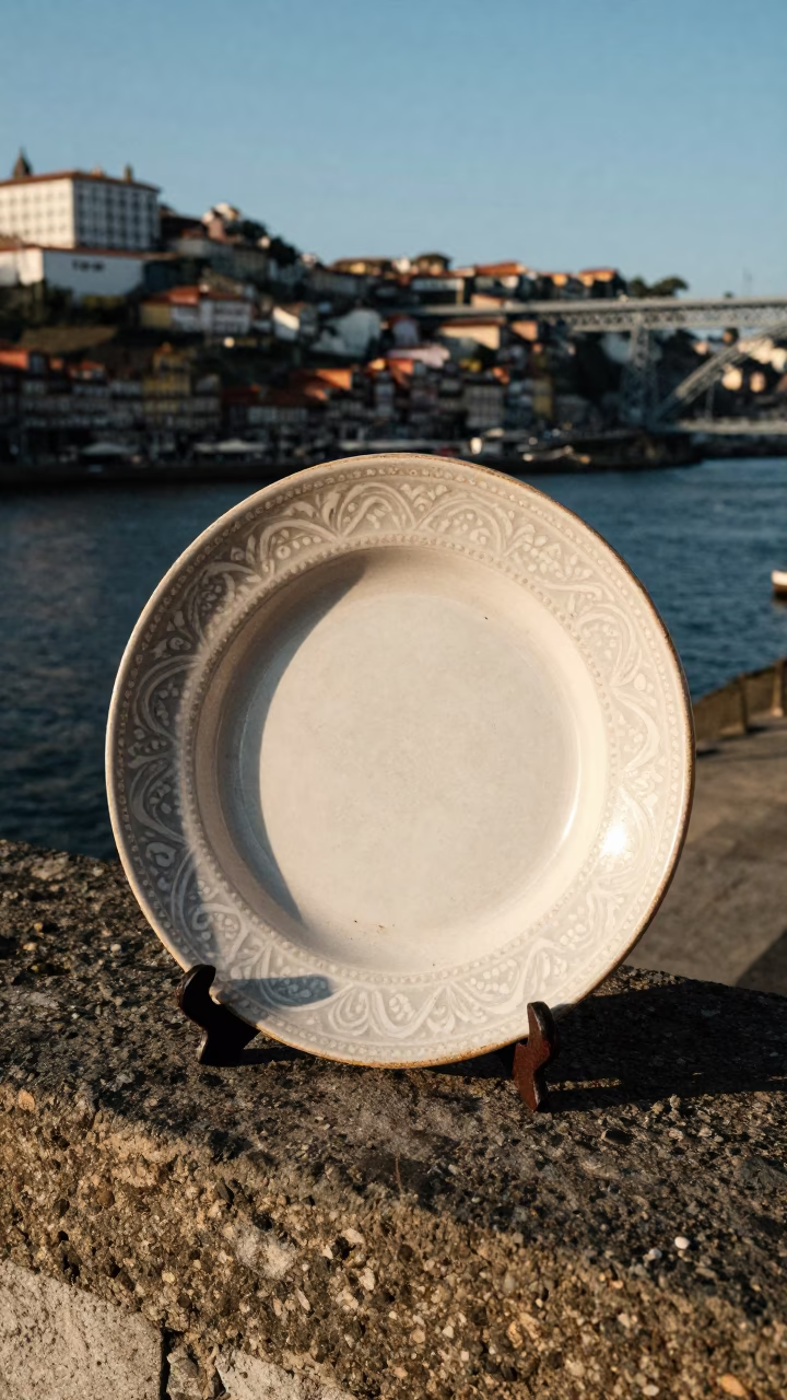 Vintage Majolica Plate on Ledge in Porto Portugal Late Afternoon Light High Fashion Editorial in in Porto, Portugal