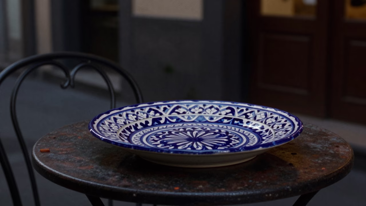 Vintage Majolica Plate on Rustic Table in Naples Night Street Cafe in in Naples, Italy