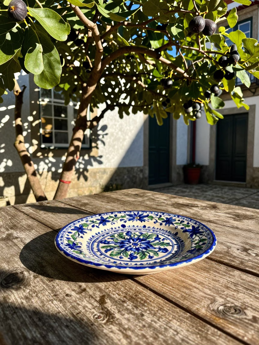 Vintage Majolica Plate on Rustic Table in Porto Portugal Late Afternoon Light in in Porto, Portugal