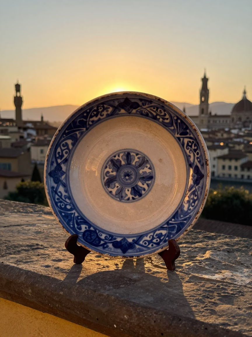 Vintage majolica plate on rustic terrace overlooking Florence sunset skyline in in Florence, Italy