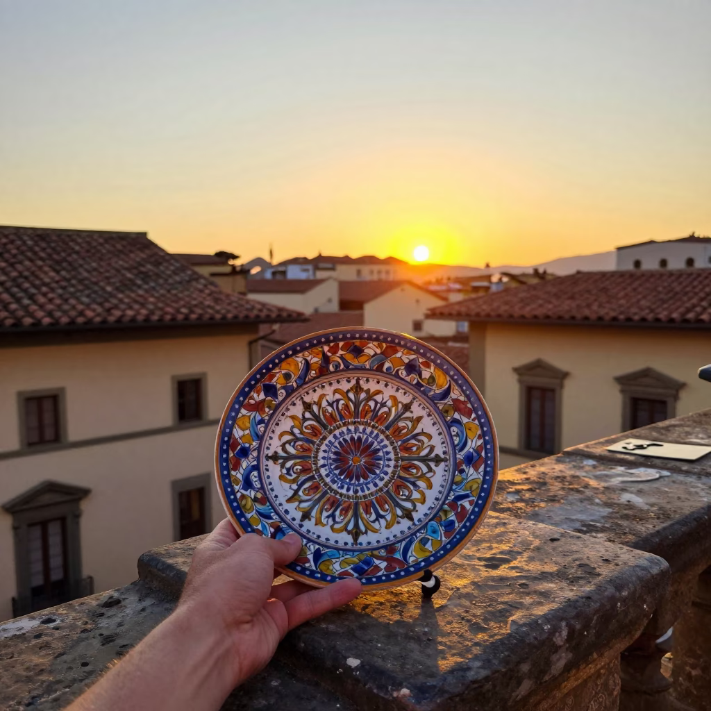 Vintage Majolica Plate on Stone Balcony in Florence at Sunset in in Florence, Italy