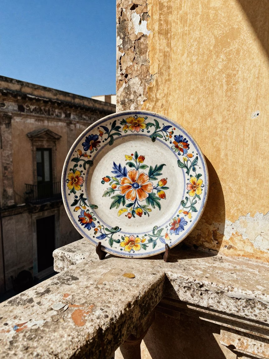 Vintage Majolica Plate on Weathered Balcony in Palermo Under Noon Sun in in Palermo, Italy