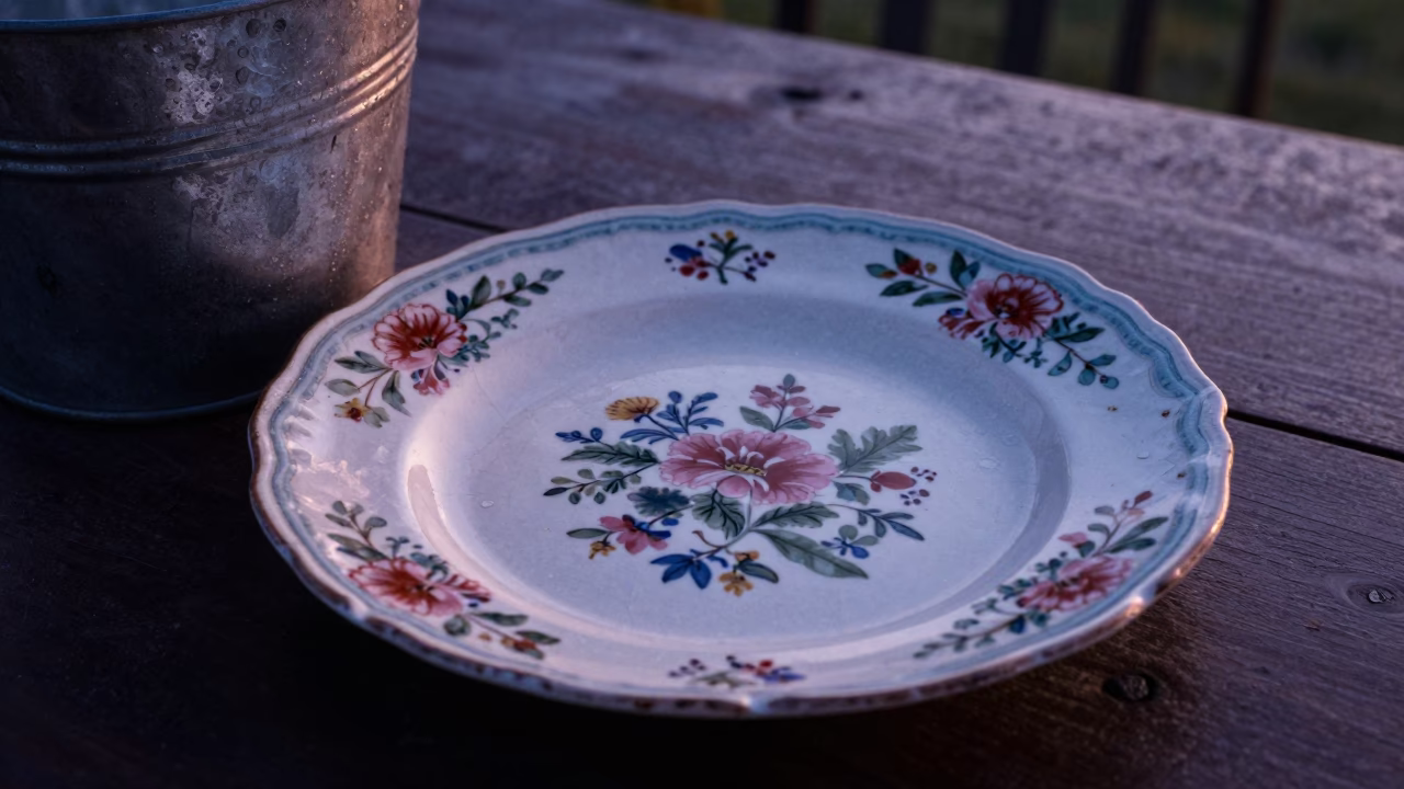 Vintage Majolica Plate on Wellington Table Before Dawn in in Wellington, New Zealand