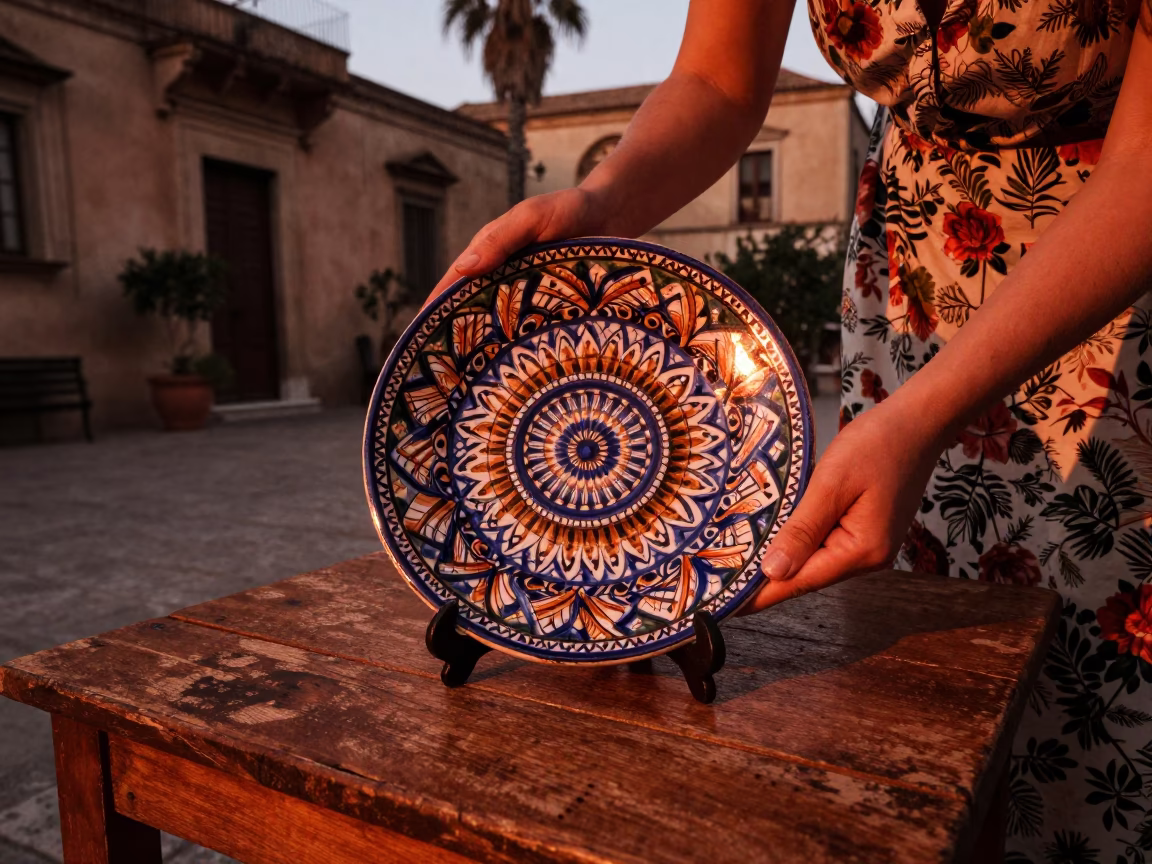 Vintage Majolica Plate on Wooden Table in Palermo Before Dusk in in Palermo, Italy