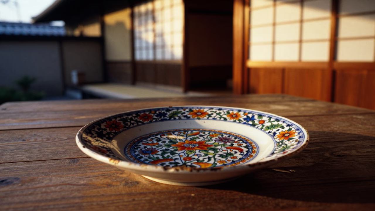 Vintage majolica plate on wooden table in Tokyo Japan honeyed evening light street scene in in Tokyo, Japan