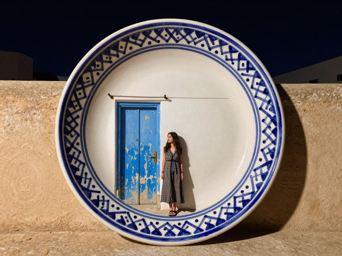 Vintage Majolica Plate Under Deep Night Sky in Essaouira Morocco High Fashion 1970s Style in in Essaouira, Morocco