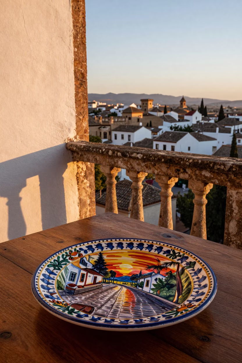 Vintage Majolica Plate with Charcuterie in Granada Spain Sunset Street Scene in in Granada, Spain