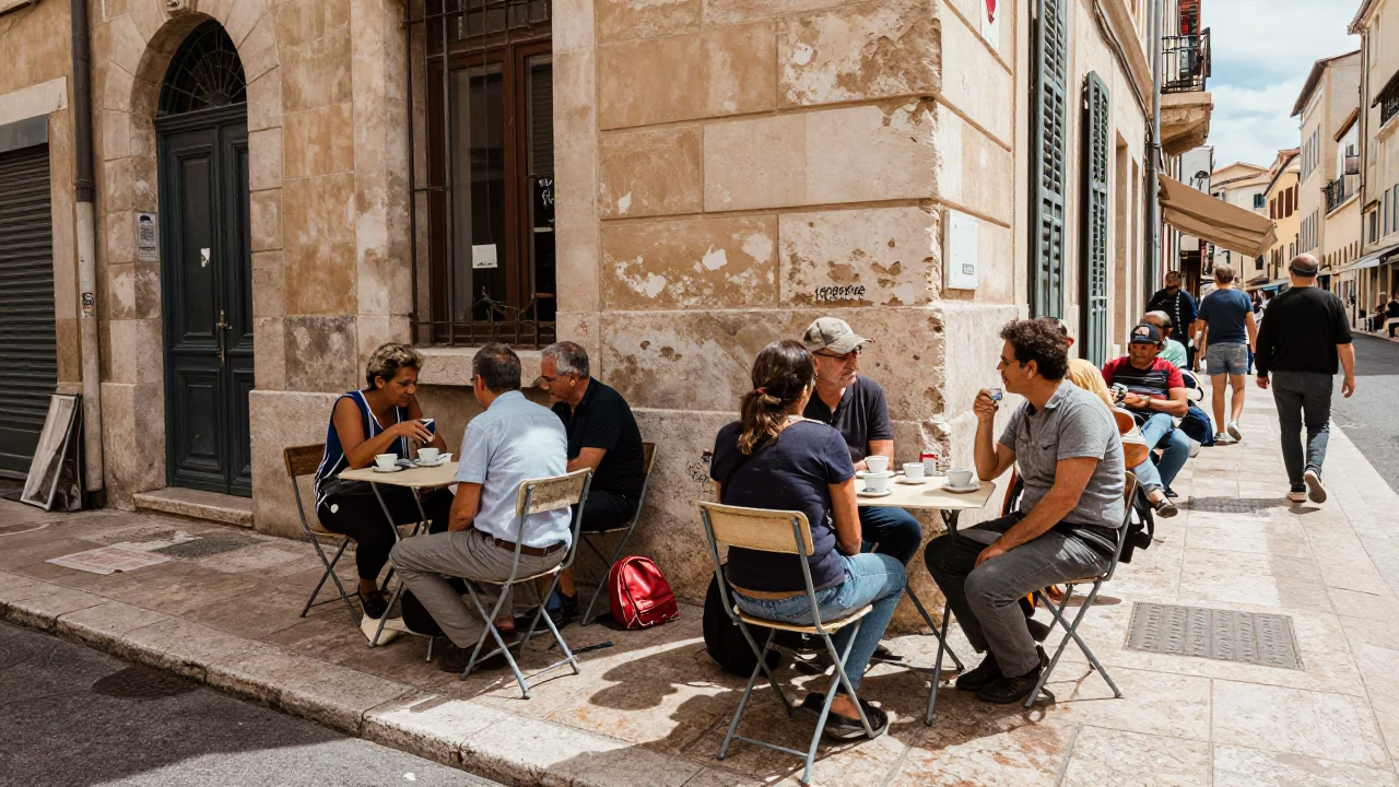 Vintage Marseille Street Scene with Folding Tables and Local Market Activity in in Marseille, France