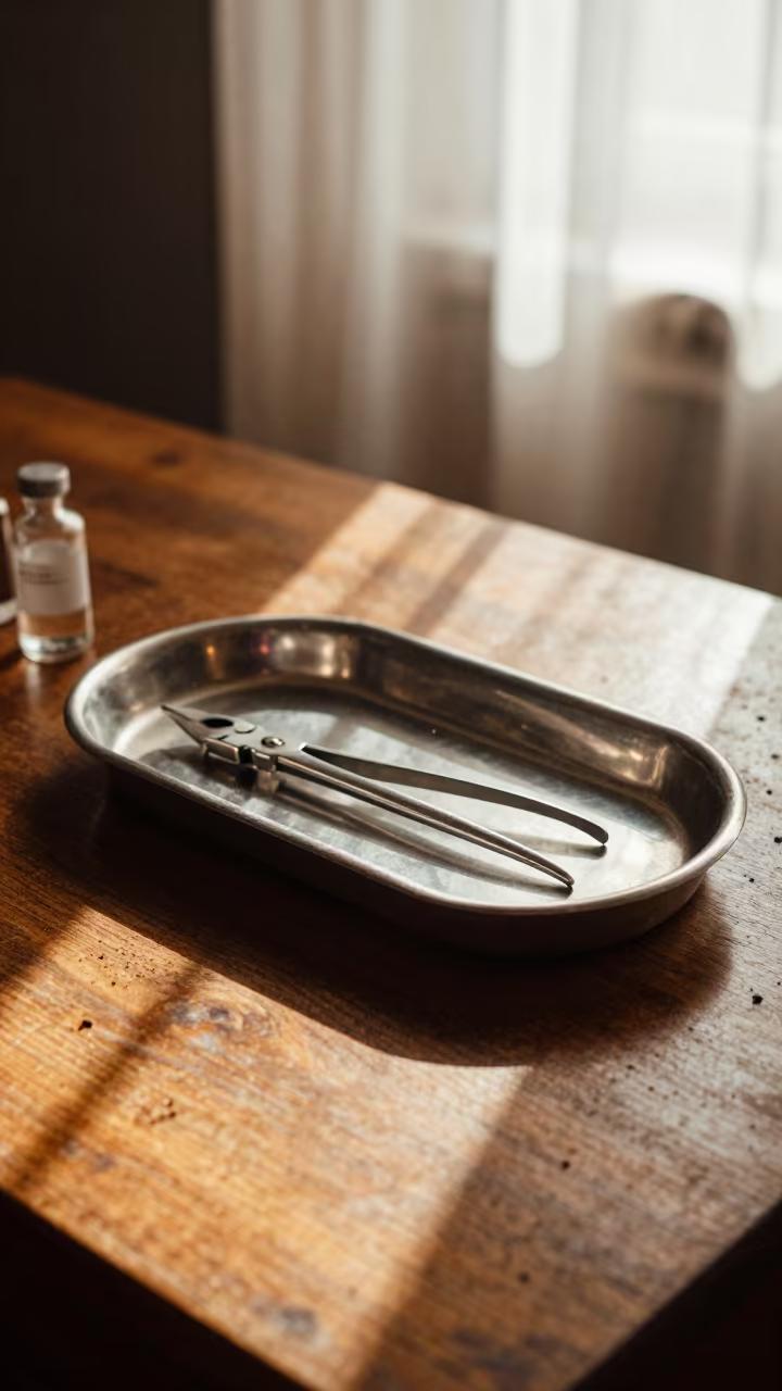 Vintage Medical Tray on Dusty Brno Table in on a dusty library table in Brno