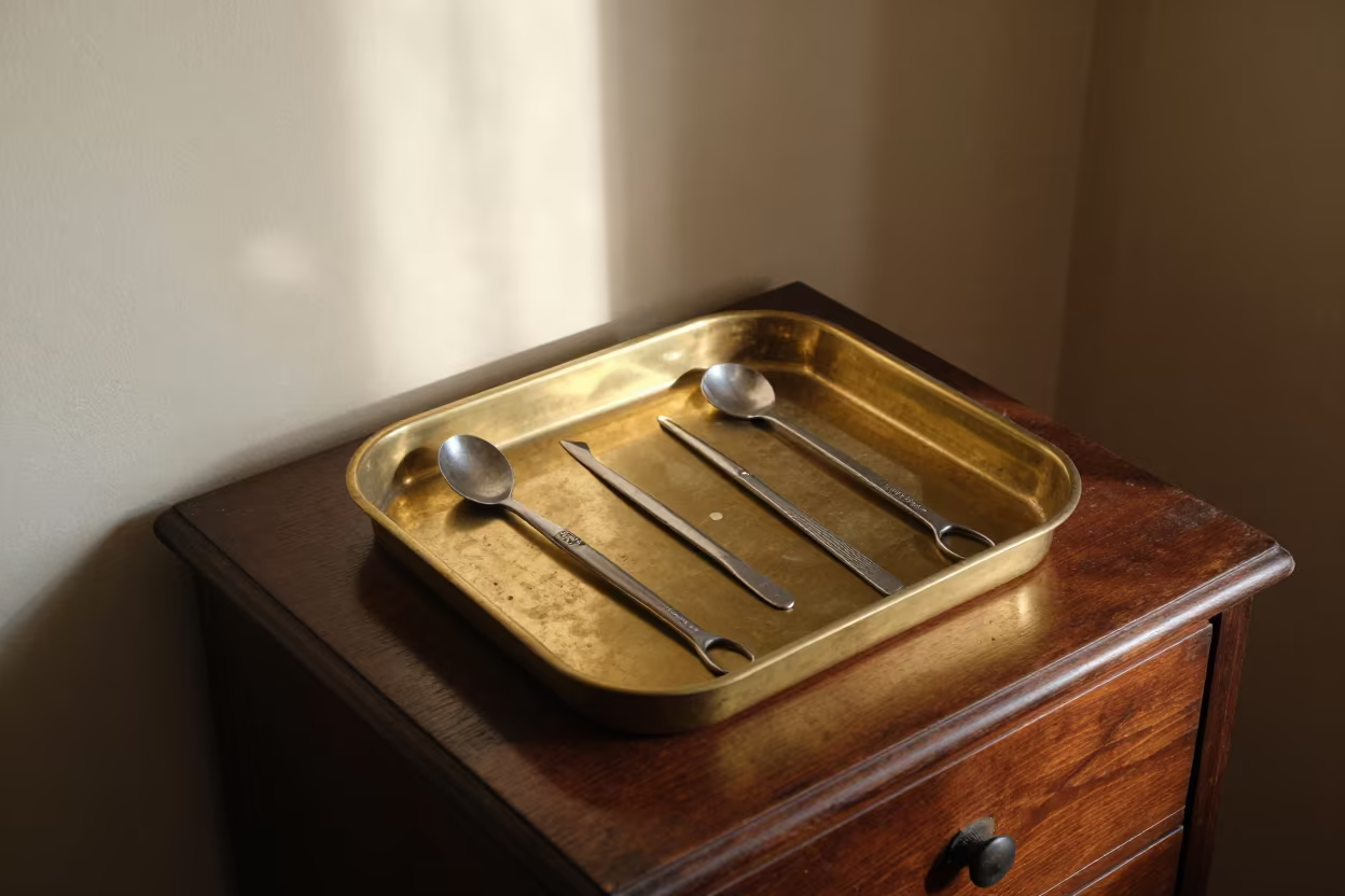 Vintage Medical Tray on Hotel Dresser in Qamishli in on a hotel dresser in Qamishli