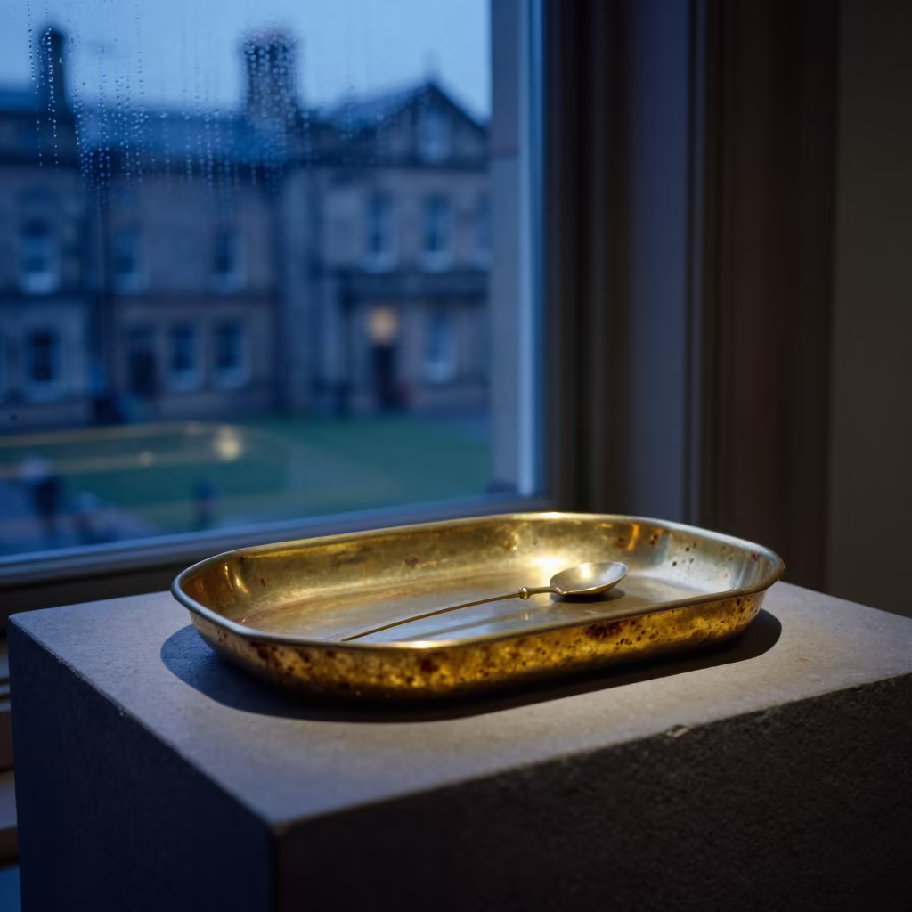 Vintage Medical Tray on Museum Plinth at Twilight in on a museum plinth near Blantyre