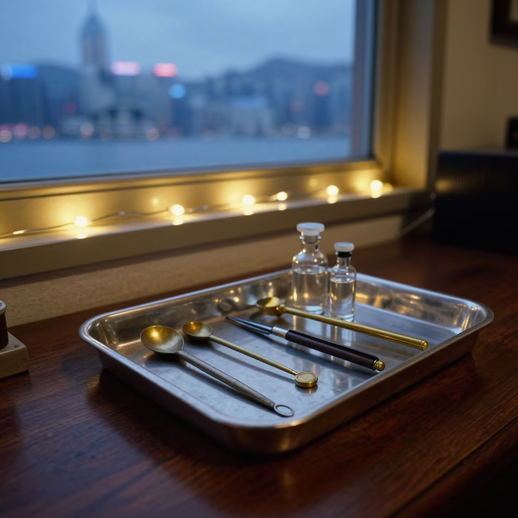 Vintage Medical Tray Under String Lights in on a writing desk near Hong Kong