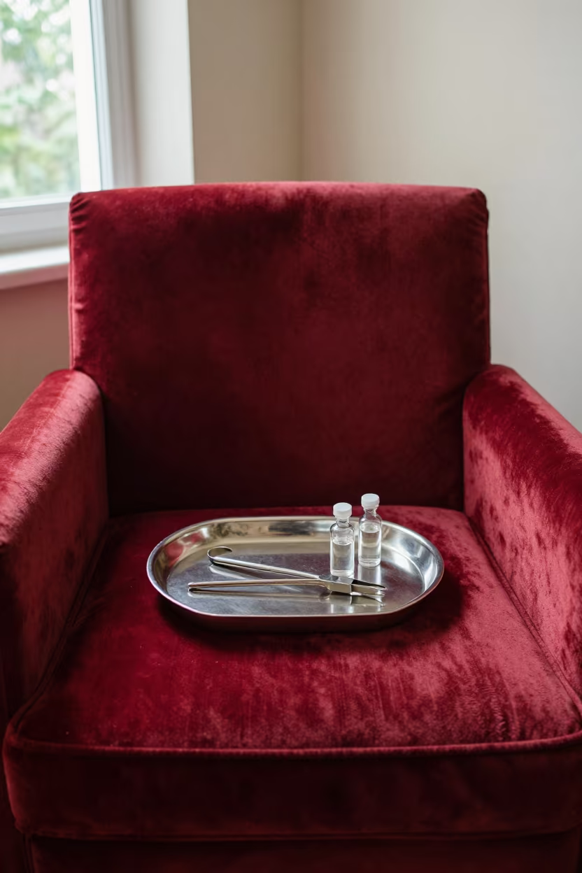Vintage Medical Tray on Velvet Chair in on a velvet chair in Kobe