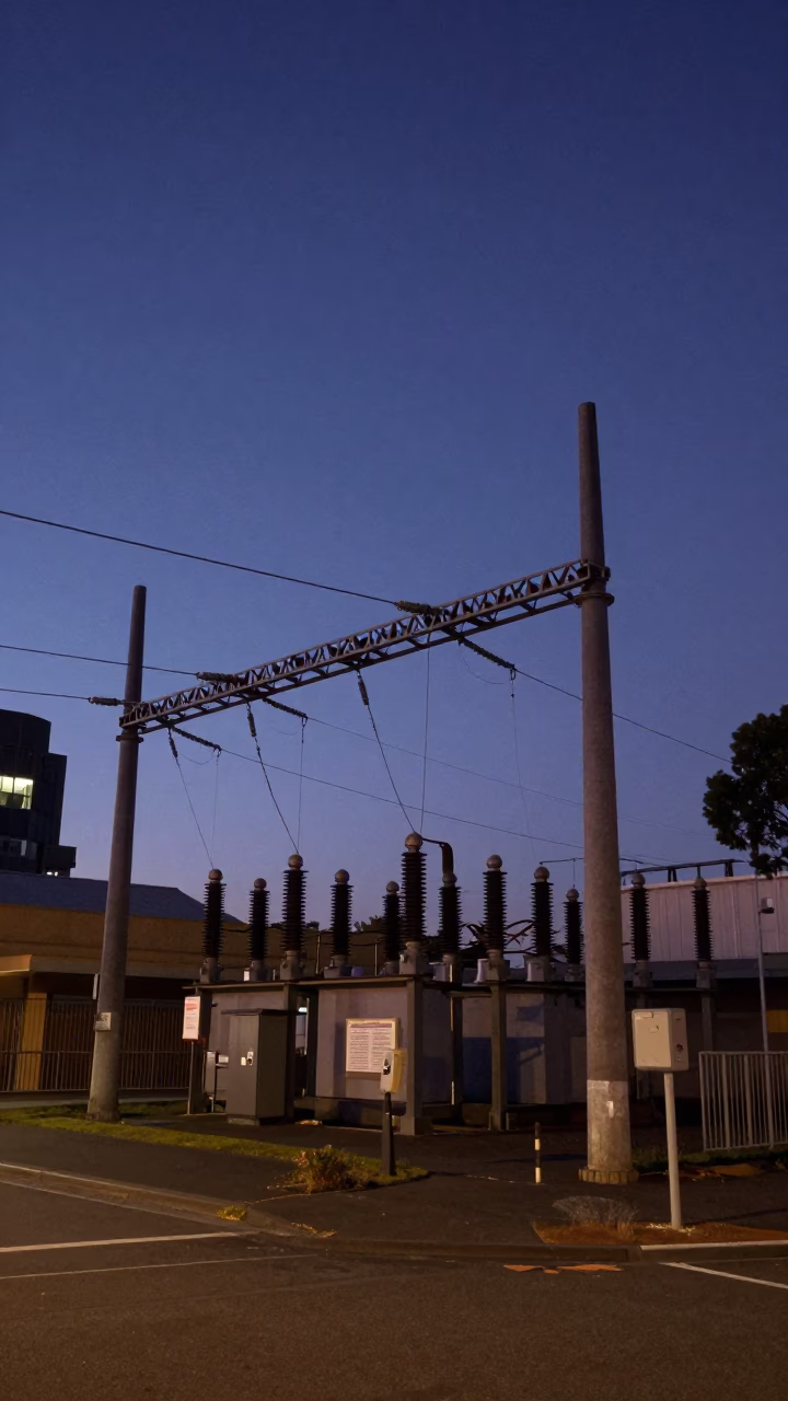 Vintage Melbourne Dawn Substation Busbars and Street Scene Before Daybreak in in Melbourne, Victoria, Australia
