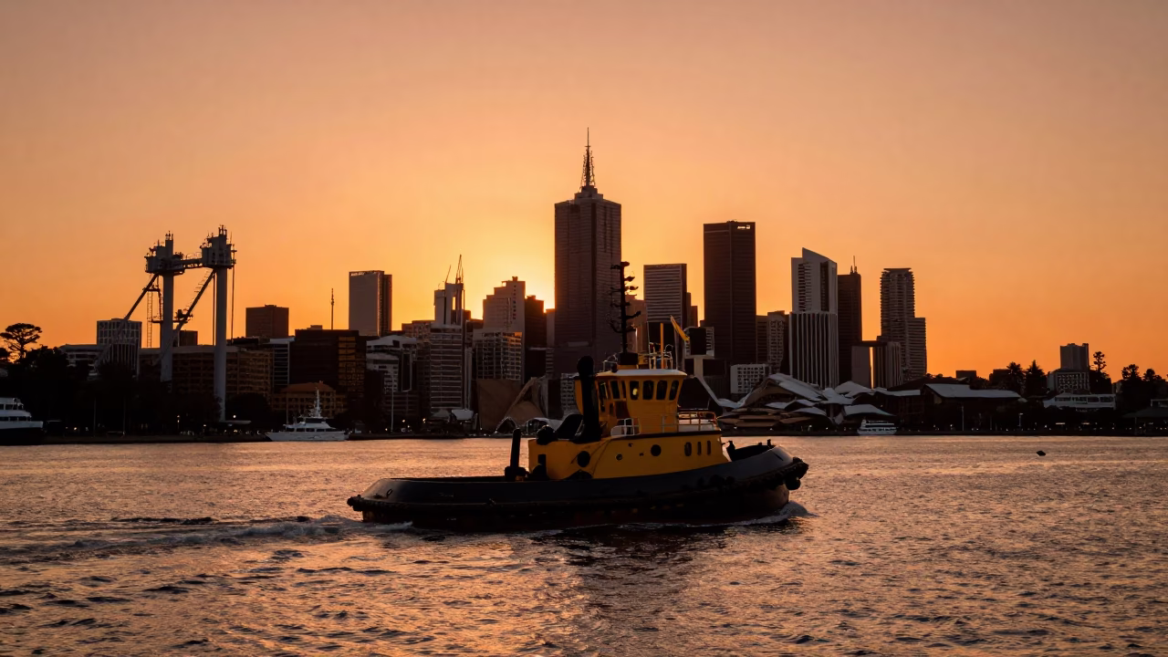 Vintage Melbourne Harbor Sunset with Tugboat and Industrial Skyline in in Melbourne, Victoria, Australia