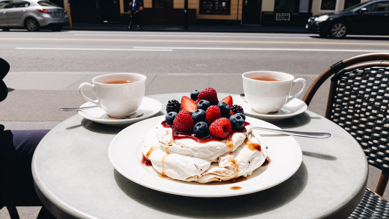 Vintage Melbourne Lunch Scene with Pavlova and Tea Stains Under Noon Sun in in Melbourne, Victoria, Australia
