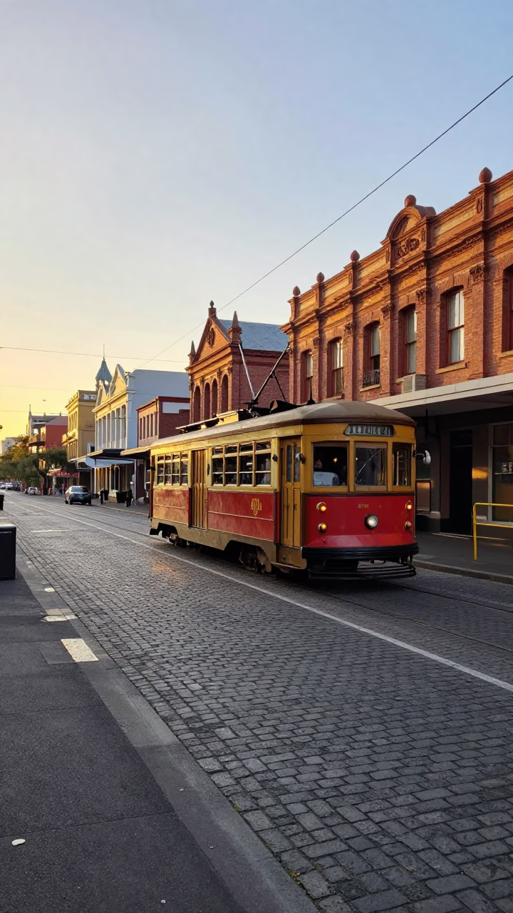 Vintage Melbourne Morning Street Scene with Tram and Coffee Shop at Sunrise in in Melbourne, Victoria, Australia