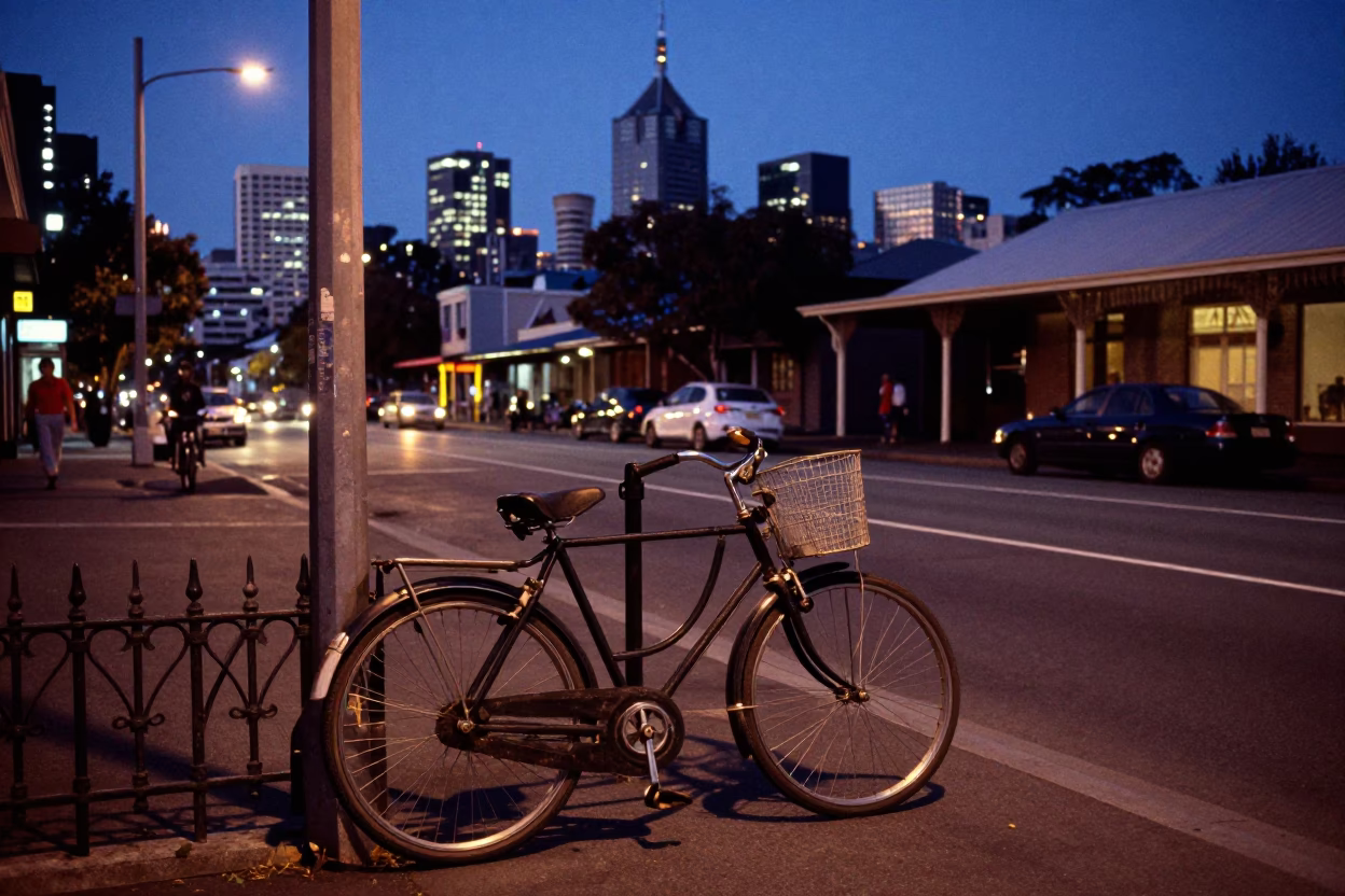 Vintage Melbourne Street Scene at Nautical Dawn with Bicycle and Catamaran in in Melbourne, Victoria, Australia