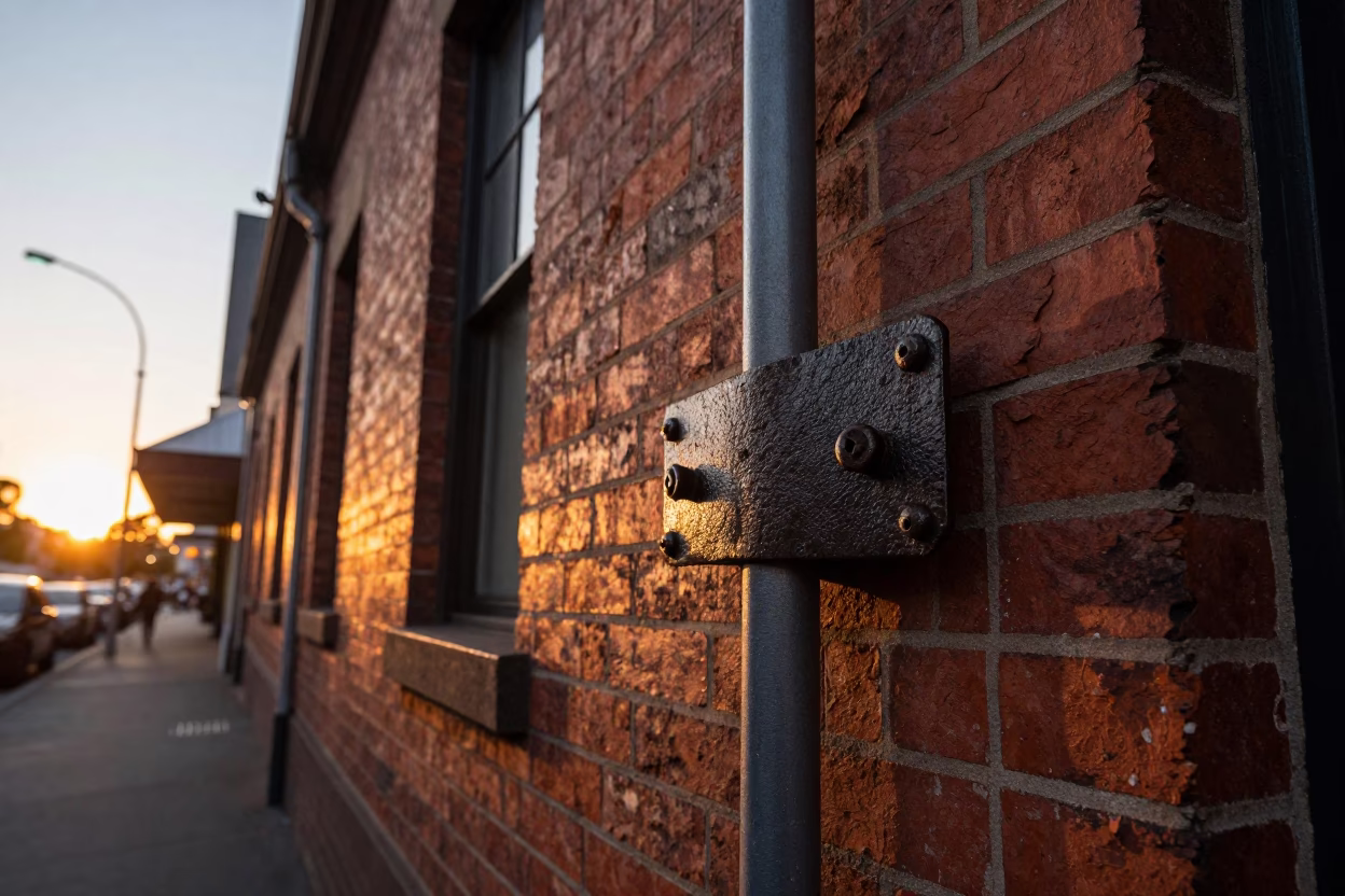 Vintage Melbourne Street Scene at Sunset with Iron Deadbolt and String Lights in in Melbourne, Victoria, Australia