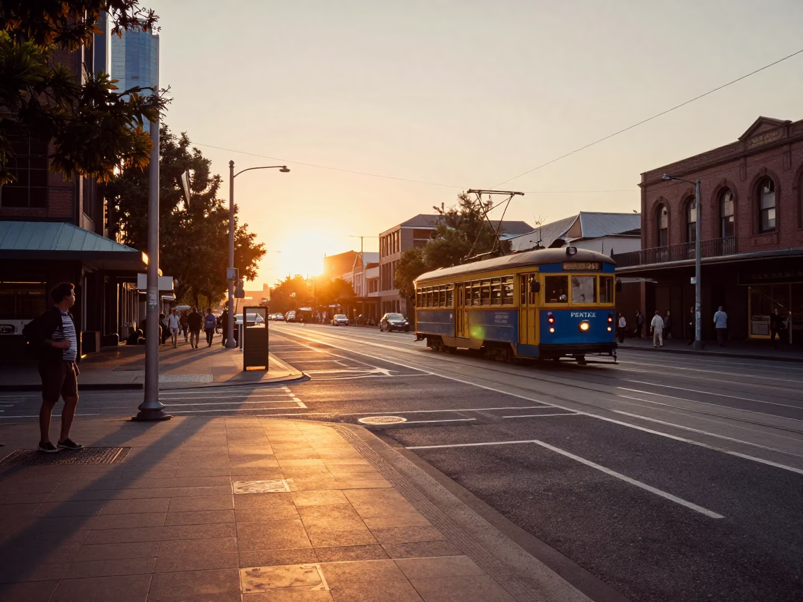 Vintage Melbourne Street Scene at Sunset with Tram and Coffee Cup in in Melbourne, Victoria, Australia
