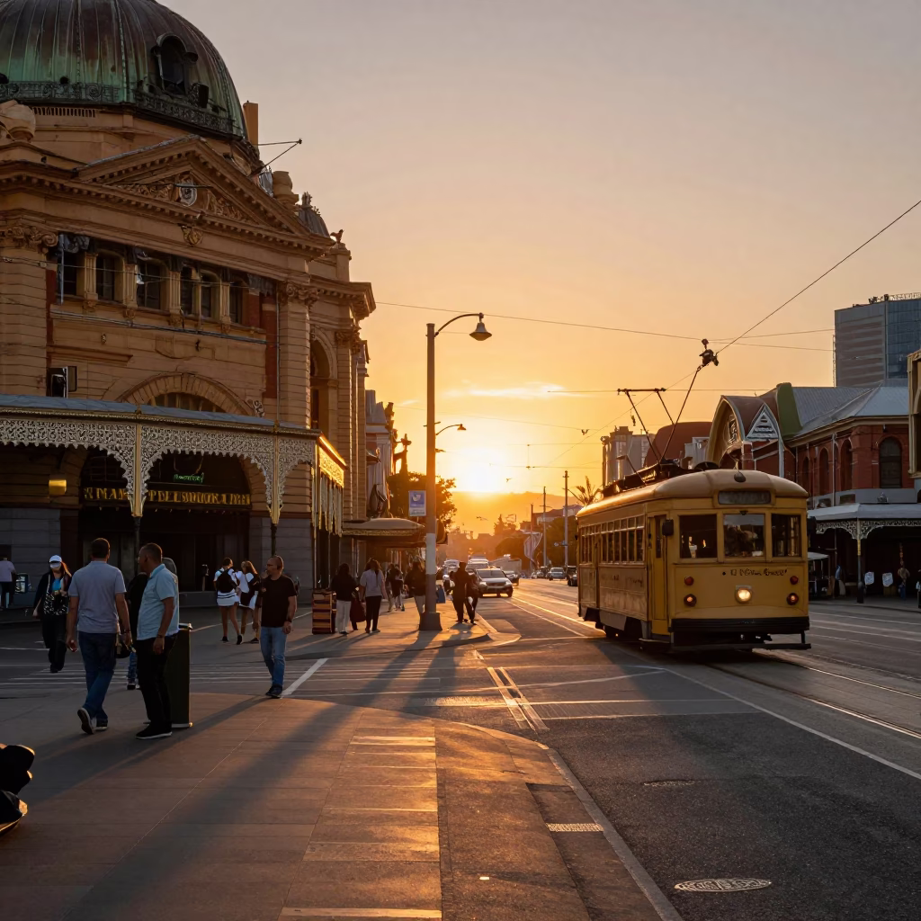 Vintage Melbourne Street Scene at Sunset with Tram and Historic Architecture in in Melbourne, Victoria, Australia