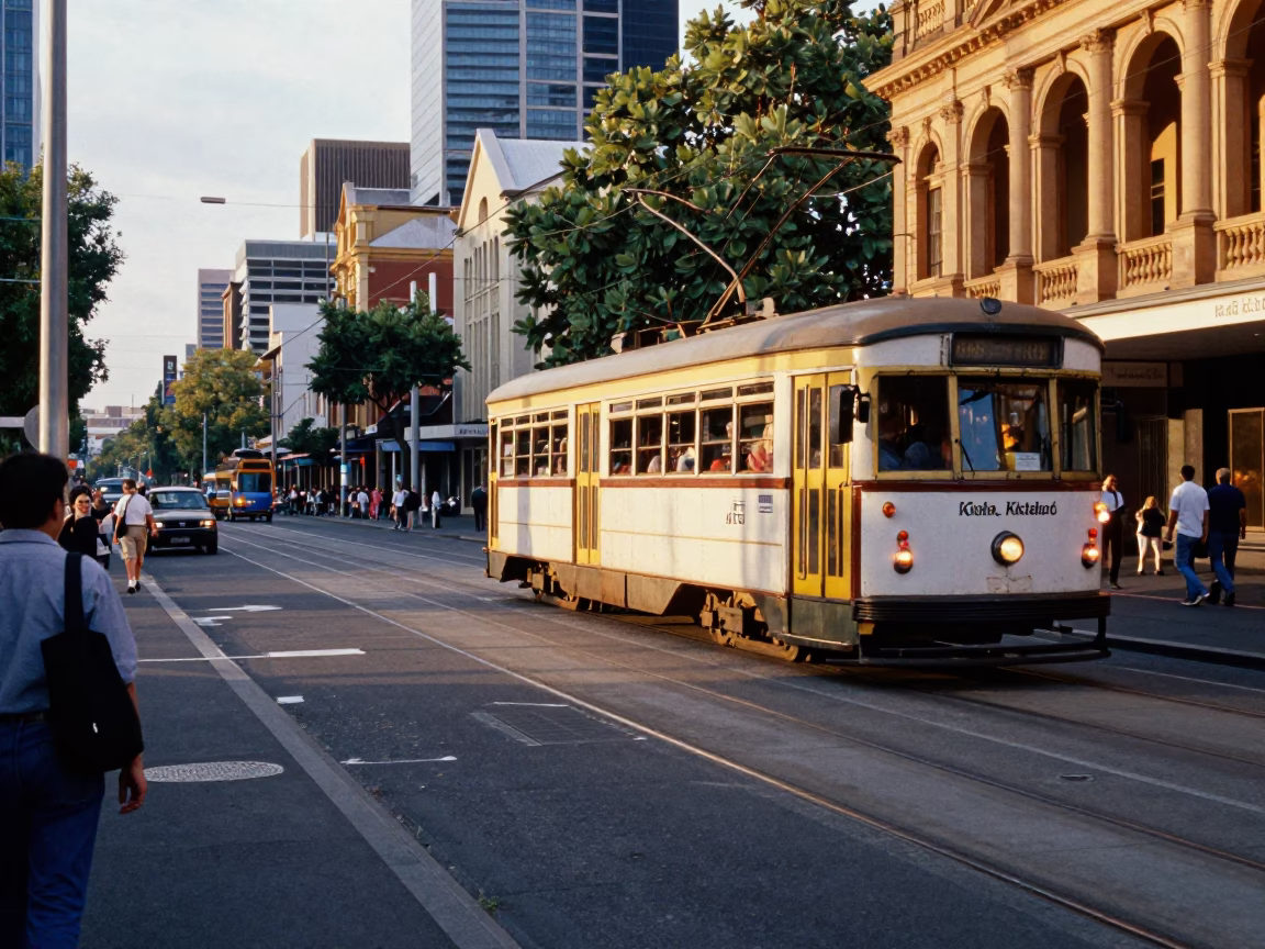 Vintage Melbourne Street Scene Late Afternoon with Tram and Pedestrians in in Melbourne, Victoria, Australia