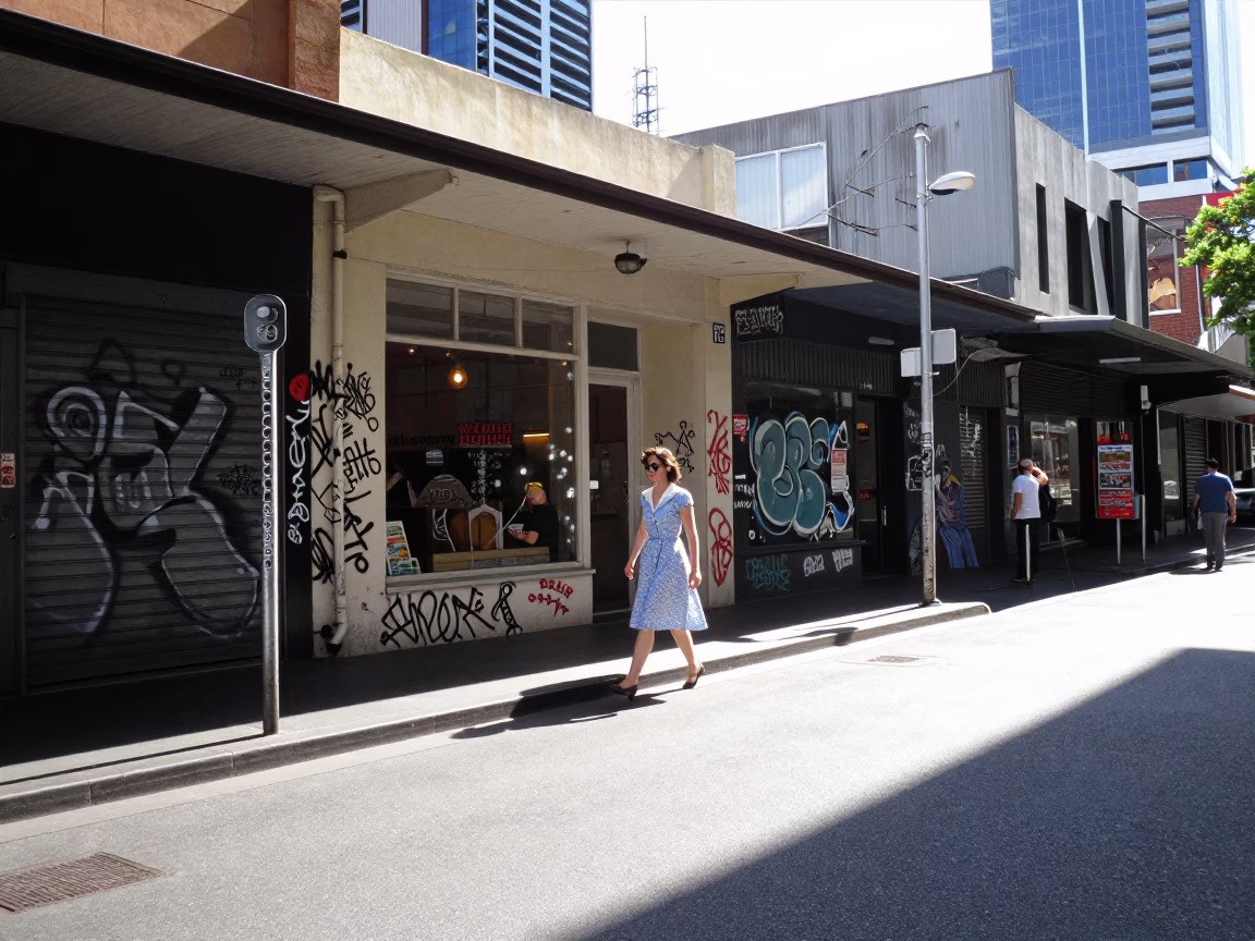 Vintage Melbourne Street Scene Midmorning Light with Wrench and Linen Fringe Details in in Melbourne, Victoria, Australia