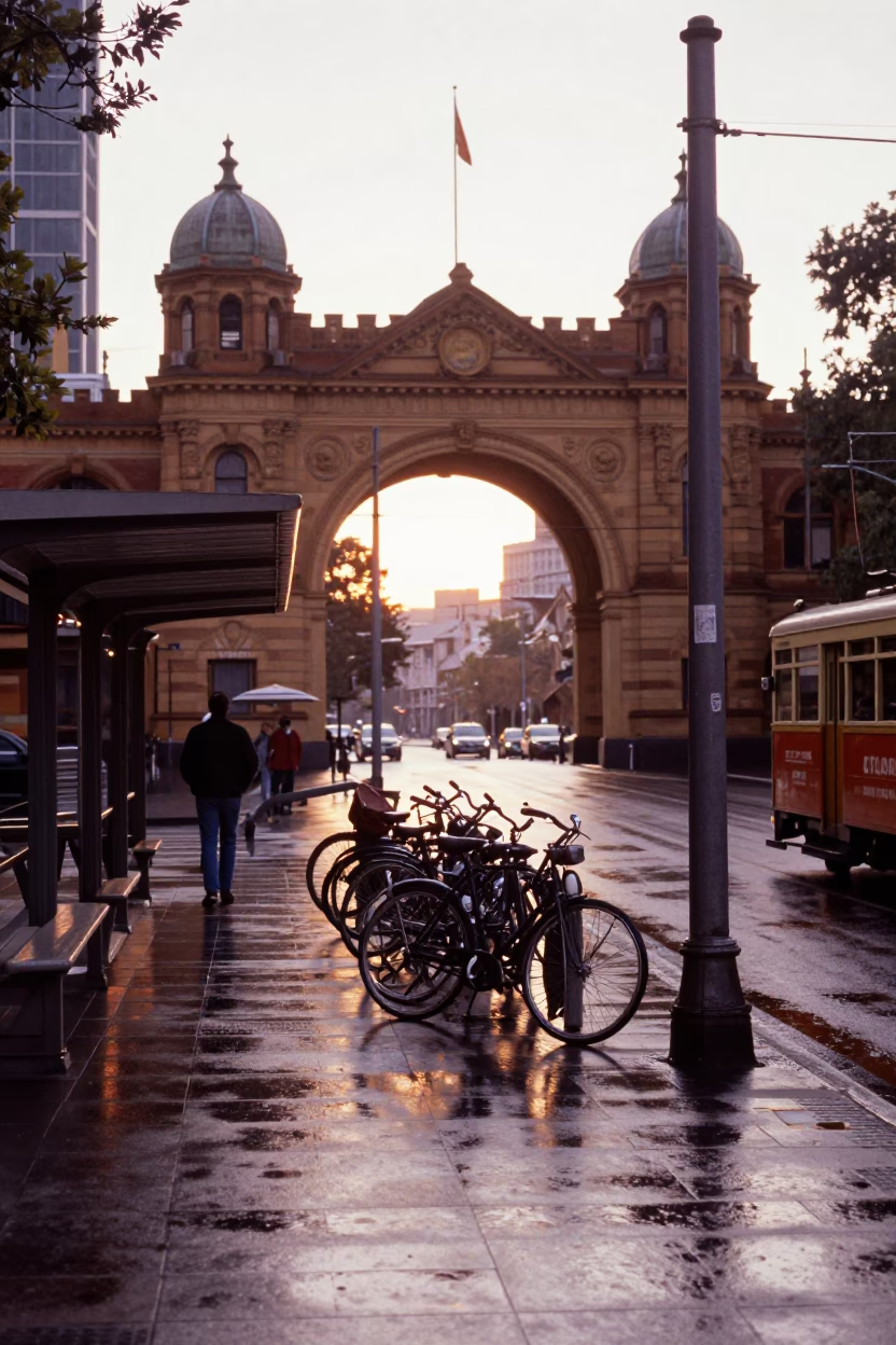 Vintage Melbourne Tram Stop and University Archway on Wet Morning Street in in Melbourne, Victoria, Australia