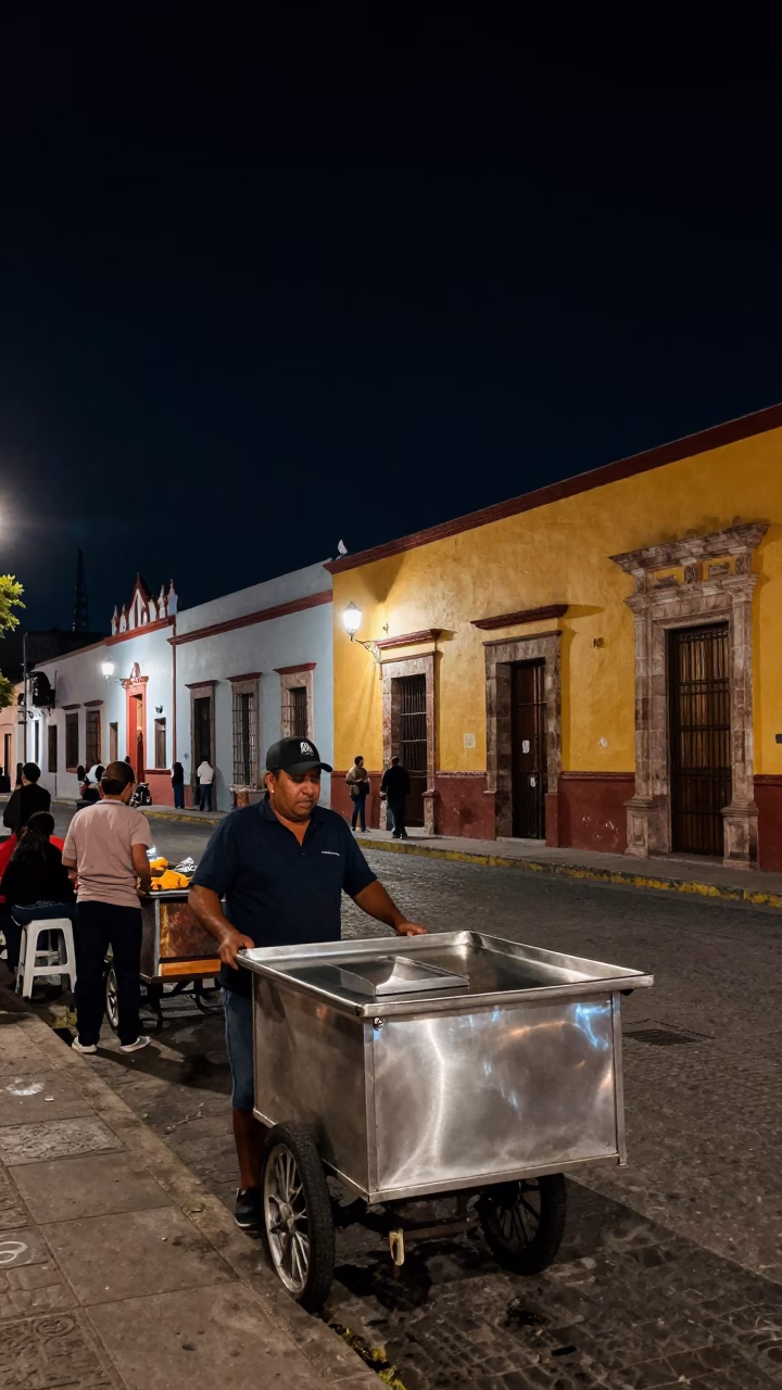 Vintage Merida Street Scene at Night with Brushed Steel Tray and Heirloom Key in in Merida, Mexico