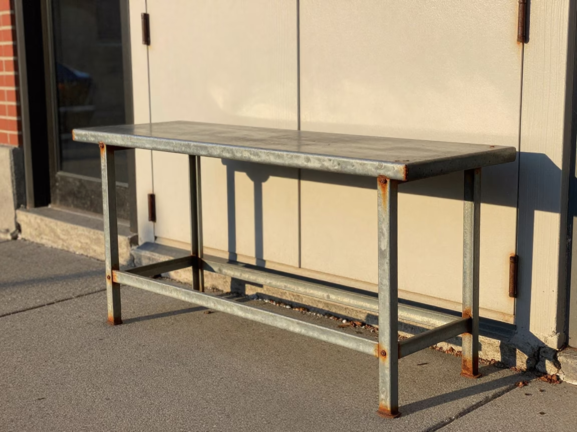Vintage Metal Workbench with Rusty Hinges in Toronto Late Afternoon in in Toronto, Ontario, Canada