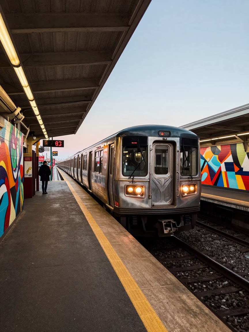 Vintage Metro Train Arriving at Art-Adorned Station in Early Evening Toronto Ontario in in Toronto, Ontario, Canada