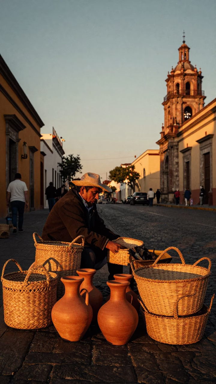 Vintage Mexico City Street Scene at Sunset with Woven Baskets and Traditional Architecture in in Mexico City, Mexico