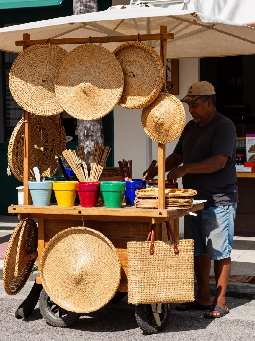 Vintage Miami Artisan Weaving Cane and Painting Supplies at Noon in in Miami, Florida, United States
